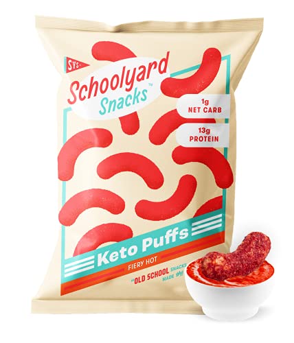 Schoolyard Snacks Low Carb Keto Cheese Puffs - Fiery Hot - High Protein - All Natural - Gluten & Grain-Free - Healthy Chips - Low Calorie Food - 12 Pack Single Serve Bags - 100 Calories