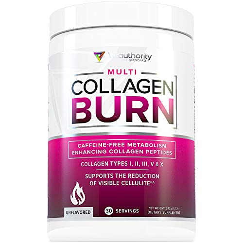 Multi Collagen Burn: Multi-Type Hydrolyzed Collagen Protein Peptides with Hyaluronic Acid, Vitamin C, SOD B Dimpless, Types I, II, III, V and X Collagen, Caffeine-Free, Unflavored, 30 Servings