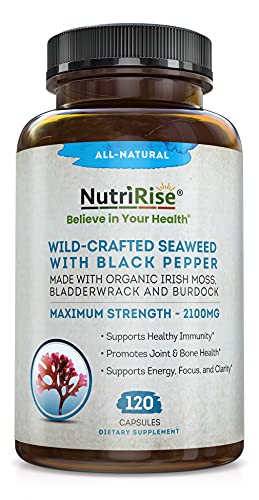 Organic Irish Sea Moss 2100mg With Bladderwrack & Burdock 120 Capsules For Immune System, Hair Skin & Nails, Thyroid, Colon Cleanse Keto Detox, Digestive & Joint Support, Prebiotics, Vitamins & Iodine