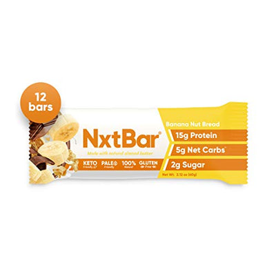 NxtBar Keto Bars - Low Sugar Low Carb Protein Bars - Healthy Paleo Snack - Keto Diet Snack Bars for Adults - 2g Sugar, 5g Net Carbs, 15g Protein - Banana Nut Bread Flavor - 12 Pack