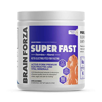 Brain Forza Super Fast Keto Electrolytes for Fasting - Premium Electrolytes, No Sugar or Flavoring w/Potassium, Sodium, Magnesium, Calcium, Iron, Pink Himalayan Salt, (30srv, Unflavored)