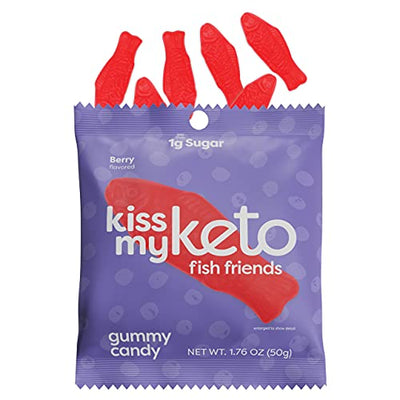 Kiss My Keto Candy Fish Friends — Low Sugar (1g), 80 Calories, Low Carb Candy Gummies with MCT Oil | Vegan Friendly, Non-GMO, Gluten Free Keto Sweets | 2g Net Carbs — 6 Individually Wrapped Packs