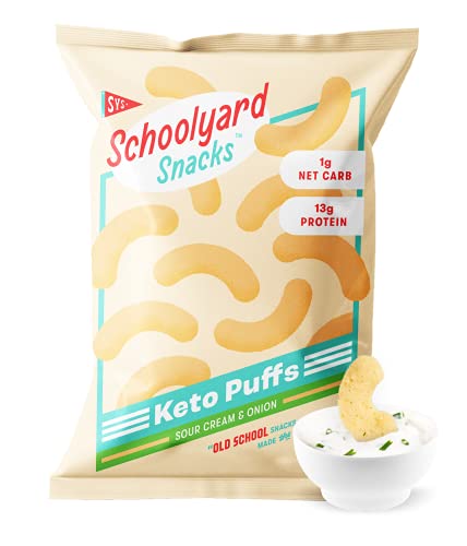 Schoolyard Snacks Low Carb Keto Cheese Puffs - Sour Cream & Onion - High Protein - All Natural - Gluten & Grain-Free - Healthy Chips - Low Calorie Food - 12 Pack Single Serve Bags - 100 Calories