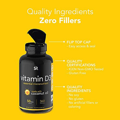 Vitamin D3 2000iu (50mcg) Infused with Coconut Oil ~ Immune & Bone Support ~ Non-GMO & Gluten Free (360 Mini Liquid Softgels) (2000IU)
