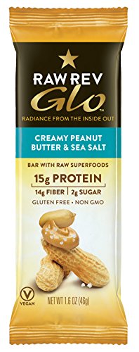 Raw Rev Glo Protein Bars, Creamy Peanut Butter & Sea Salt, 1.6 Ounce (Pack of 12), 15g Protein, 2g Sugar, 14g Fiber, Keto-Friendly, Vegan, Plant-Based Protein, Gluten-Free Snack Bar