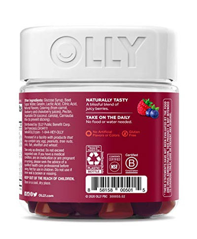 OLLY Women's Multivitamin Gummy, Overall Health and Immune Support, Vitamins A, D, C, E, Biotin, Folic Acid, Adult Chewable Vitamin, Berry, 45 Day Supply - 90 Count