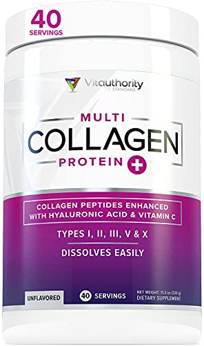 Multi Collagen Peptides Plus Hyaluronic Acid and Vitamin C, Hydrolyzed Collagen Protein, Types I, II, III, V and X Collagen, Unflavored