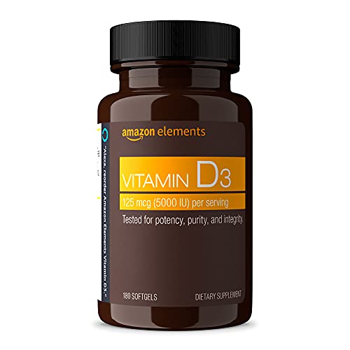 Amazon Elements Vitamin D3, 5000 IU, 180 Softgels, 6 month supply (Packaging may vary), Supports Strong Bones and Immune Health