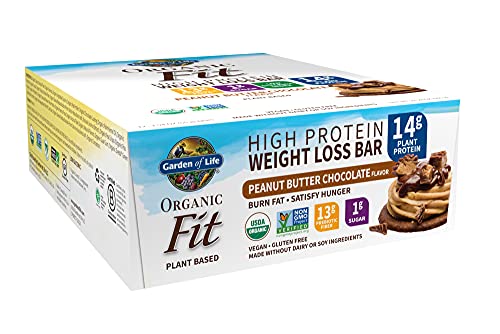 High Protein Bars for Weight Loss - Garden of Life Organic Fit Bar - Peanut Butter Chocolate (12 per carton) - Burn Fat, Satisfy Hunger and Fight Cravings, Low Sugar Plant Protein Bar with Fiber