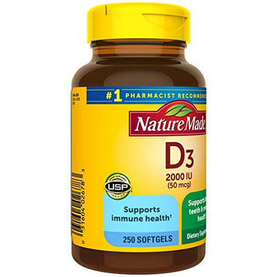 Nature Made Vitamin D3, 250 Softgels, Vitamin D 2000 IU (50 mcg) Helps Support Immune Health, Strong Bones and Teeth, & Muscle Function, 250% of the Daily Value for Vitamin D in One Daily Softgel