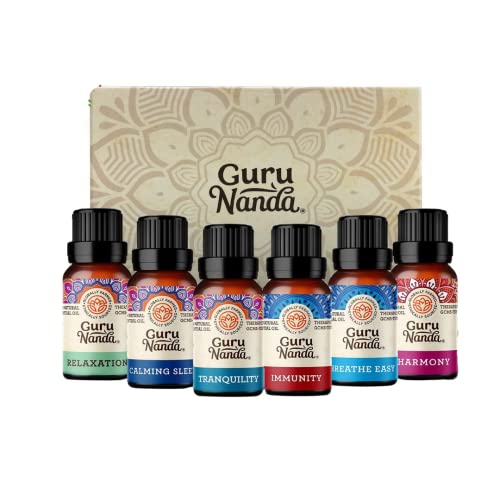 Guru Nanda (Set of 6) Therapeutic Grade Essential Oil Blends - 100% Pure & Natural Aromatherapy Blends for Oil Diffusers & Topical Use - Breathe Easy, Tranquility, Harmony, Sleep, Relaxation, Immunity