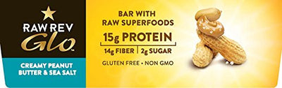 Raw Rev Glo Protein Bars, Creamy Peanut Butter & Sea Salt, 1.6 Ounce (Pack of 12), 15g Protein, 2g Sugar, 14g Fiber, Keto-Friendly, Vegan, Plant-Based Protein, Gluten-Free Snack Bar