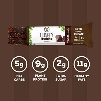 Hungry Buddha - Keto Diet Nutrition Bar - 12 Pack of Low Sugar, Low Net Carb, High Protein Keto Bar Made with Only Plant-Based, Clean Ingredients [Triple Chocolate]