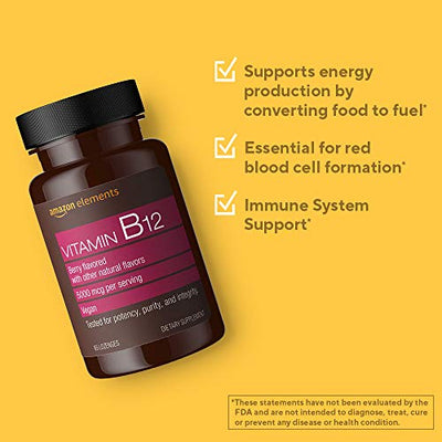 Amazon Elements Vitamin B12 Methylcobalamin 5000 mcg - Normal Energy Production and Metabolism, Immune System Support - 2 Month Supply (65 Berry Flavored Lozenges)
