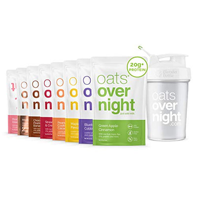 Oats Overnight - Party Pack Variety (8 Meals PLUS BlenderBottle ) High Protein, Low Sugar Breakfast Shake - Gluten Free, Non GMO Oatmeal (2.7oz per meal)