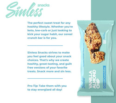 Sinless Snacks Cereal Crunch Bar, (12 count) Keto-Friendly Breakfast Bars, 2g Net Carbs, 8g Protein, 120 Calories, 1g Sugar, Great For Kids, Adults, On-The-Go, Carb and Low-Sugar Diet