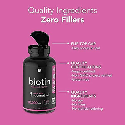 Biotin (10,000mcg) with Organic Coconut Oil | Supports Healthy Hair, Skin & Nails | Non-GMO Verified & Vegan Certified (120 Veggie-Softgels)