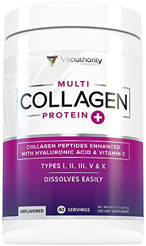 Multi Collagen Peptides Plus Hyaluronic Acid and Vitamin C, Hydrolyzed Collagen Protein, Types I, II, III, V and X Collagen, Unflavored