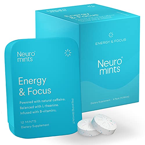 Neuro Mints Nootropic Energy Mints | Caffeine + L-theanine + B Vitamins | Sugar Free + Gluten free + Vegan (6 Pack = 72 Pieces, Mint)