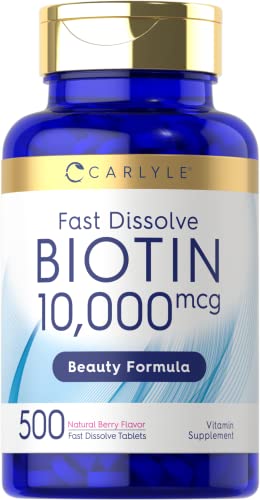 Biotin 10000mcg | 500 Fast Dissolve Tablets | Max Strength | Vegetarian, Non-GMO, Gluten Free Supplement | by Carlyle