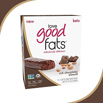 Love Good Fats Bars (Keto Bar, Keto Snacks for Keto Diet, Low Carb Snacks for Low Carb Diet, Low Net Carbs, Gluten Free, Non-GMO) - 12 Bars x 39g Each, Rich Chocolatey Almond