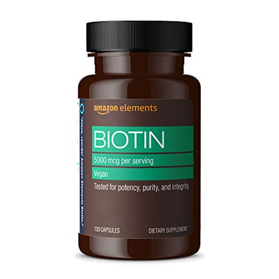Amazon Elements Vegan Biotin 5000 mcg - Hair, Skin, Nails - 130 Capsules (4 month supply) (Packaging may vary)