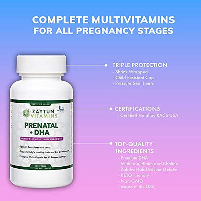 Zaytun Vitamins Halal Prenatal Vitamins + DHA with Folic Acid, Biotin, Choline, for All Pregnancy Stages, Keto-Friendly, 90 Softgels, Made in USA, Halal Vitamins