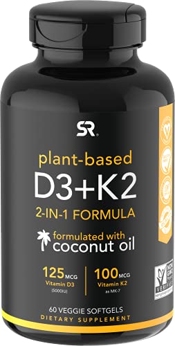 Vitamin D3 + K2 with Organic Virgin Coconut Oil | Plant-Based Vegan D3 (5000iu) with MK7 Vitamin K2 (100mcg) from Chickpea | Non-GMO & Vegan Certified (60 Veggie Softgels)