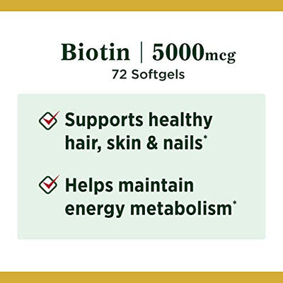 Biotin by Nature's Bounty, Vitamin Supplement, Supports Metabolism for Energy and Healthy Hair, Skin, and Nails, 5000 mcg, 72 Softgels