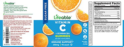 Lifeable Sugar Free Vitamin C for Adults – with Echinacea – Great Tasting Natural Flavor Gummy Supplement – Keto Friendly – Vegetarian GMO-Free Chewable Vitamins – for Immune Support – 90 Gummies