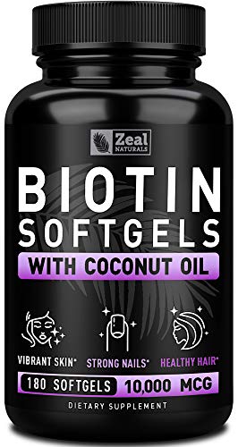 Biotin with Coconut Oil for Hair 10000mcg (180 Softgels) Biotin Supplement - Biotin Pills for Hair Skin and Nails Vitamins for Women Biotin Capsules for Men Hair Growth 6 mo Supply