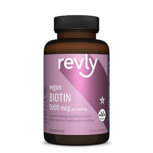 Amazon Brand - Revly Vegan Biotin 5000 mcg - Hair, Skin, Nails - 130 Capsules (4 Month Supply)