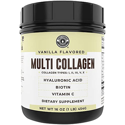 Collagen with Hyaluronic Acid, Vitamin C, Biotin 1lb. Vanilla Flavor. Hydrolyzed Multi Collagen Peptide Protein. Types I, II, III, V, X for Hair, Skin, Nails*. Collagen Supplement for Women, Men