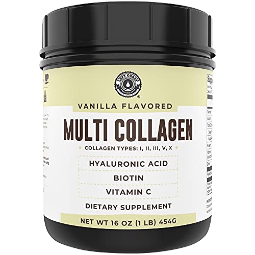 Collagen with Hyaluronic Acid, Vitamin C, Biotin 1lb. Vanilla Flavor. Hydrolyzed Multi Collagen Peptide Protein. Types I, II, III, V, X for Hair, Skin, Nails*. Collagen Supplement for Women, Men