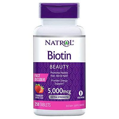 Natrol Biotin 5000 mcg, Strawberry Flavor, Fast Dissolve Tablets, Extra Strength, 250 Count