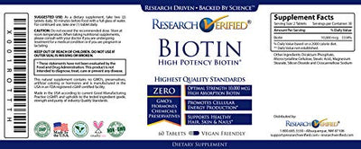 Research Verified Biotin – Pure Biotin Extra Strength 10,000mcg for Improved Hair, Skin and Nail Health - 180 Vegan Tablets, Made in USA