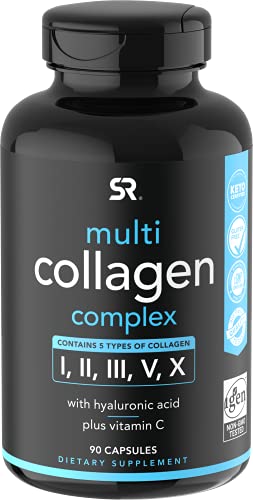 Multi Collagen Pills (Type I, II, III, V, X) Hydrolyzed Collagen Peptides with Hyaluronic Acid + Vitamin C | Contains 5 Types of Food Based Collagen | Non-GMO Verified & Gluten Free
