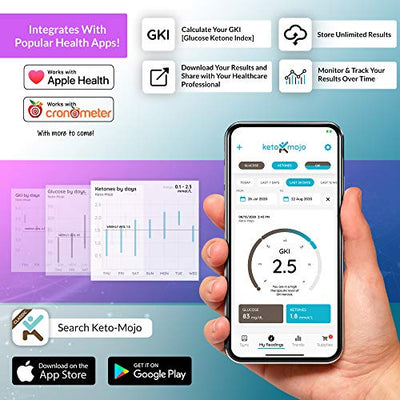 KETO-MOJO GK+ Glucose & Ketone Bluetooth Monitor + Free APP, 20 Test Strips (10 Each), Meter, 20 Lancets, Lancing Device, Control Solutions. Dual Blood Monitoring System for Ketosis & Ketogenic Diets