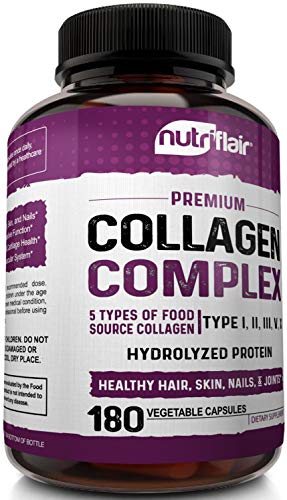NutriFlair Multi Collagen Peptides Pills 2250MG, 180 Capsules - Type I, II, III, V, X - Premium Collagen Complex - Hydrolyzed Protein Supplement for Anti-Aging, Healthy Joints, Hair, Skin, and Nails