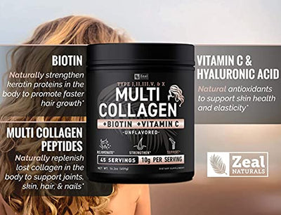 Premium Collagen Peptides Powder (1, 2, 3, 5 & 10) Multi Collagen Protein + Vitamin C + Biotin + Hyaluronic Acid - Collagen Powder for Women Hair Skin and Nails - Marine, Bovine, Chicken & Eggshell
