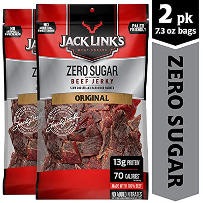 Jack Link’s Beef Jerky, Zero Sugar, 7.3 Oz Bags, 2 Count - Paleo Friendly Snack with No Artificial Sweeteners, 13g of Protein and 70 Calories Per Serving, No Sugar Everyday Snack (Packaging May Vary)
