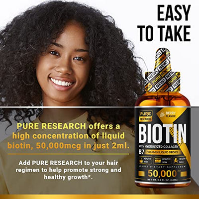 Biotin & Collagen 50,000mcg Hair Growth Liquid Drops, Supports Strong Nails, Glowing Skin, Healthy Hair Growth, More Absorption Than Capsules & Pills. (2 Fl Oz) (Packaging May Vary)