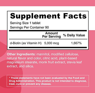 EZ Melts Biotin for Hair, Skin, Nails, 5,000 mcg, Sublingual Vitamins, Vegan, Zero Sugar, Natural Strawberry Flavor, 90 Fast Dissolve Tablets