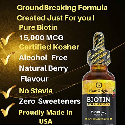 Extra-Strength 15000mcg Biotin Liquid Vitamin Drops - Supports Hair Growth, Glowing Skin & Strong Nails , Alcohol-Free & Kosher,Berry Flavor & Coconut Oil - 5X Better Absorption, 60 Servings