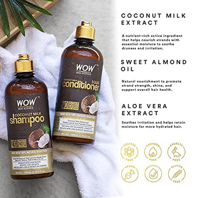 WOW Coconut Milk Shampoo and Conditioner Set, Slow Down Hair Loss, Essential Vitamins and Oils For Faster Hair Growth For Men and Women. Paraben, Salt, Sulfate Free, 2 x 16.9 Fl Oz 500mL