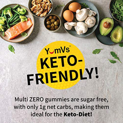 Multi Zero Multivitamin Gummies by YumVs | Keto Friendly Sugar Free Supplement for Women & Men | Vitamin C, A, D3, E, B6 + Fiber & Zinc | Natural Raspberry Flavor Chewables-70 Count