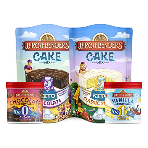 Birch Benders Keto Chocolate Cake Mix, Keto Classic Yellow Cake Mix (10.9oz) and Keto Vanilla Frosting, Keto Chocolate Frosting (10oz) Bundle (2 baking mixes and 2 frostings)