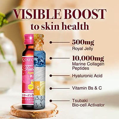 AFC Japan Tsubaki Ageless Beauty Collagen Drink from Japan with 10,000mg Marine Collagen Peptides + 500mg Royal Jelly + Hyaluronic Acid + Vitamin Bs & C for Skin Revitalization (1.69fl.ozx10sx3)