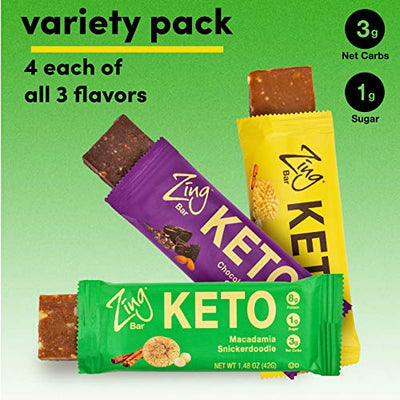 Zing Keto Low Carb Protein Bar | Keto Variety Pack, 12 Count | 3 Amazing Flavors | 7-9g Protein, 3g Net Carbs, 1g Sugar | Vegan, Gluten-Free, No Added Sugar | Created by Professional Nutritionists