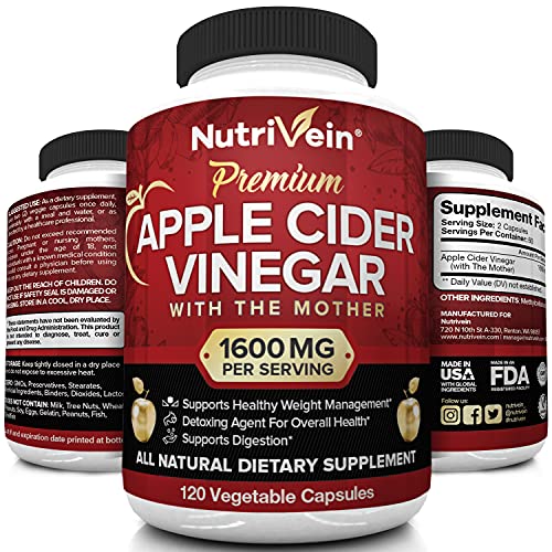 Nutrivein Apple Cider Vinegar Capsules with Mother 1600mg - 120 Vegan Pills - Supports Healthy Weight Loss, Diet, Detox, Digestion, Keto, Cleanser - Blood Sugar & Immune System - ACV Raw Supplement